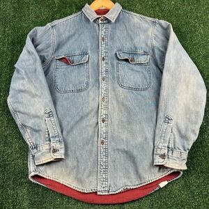 VTG L.L. Bean Men's Light Blue Red Denim Flannel Lined Shirt Medium 100% Cotton